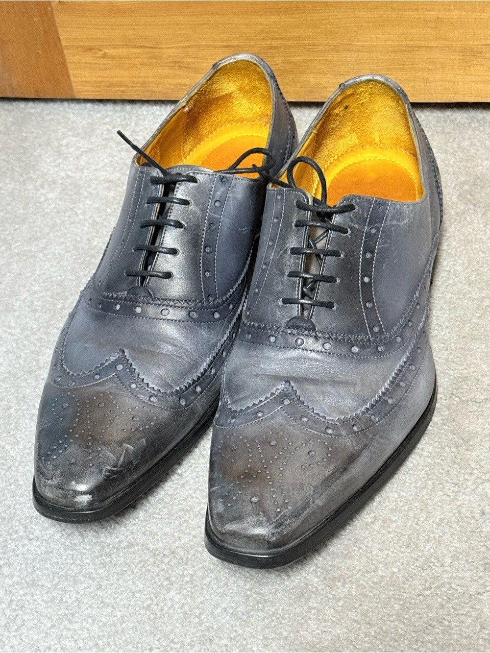 Undandy Handmade Luxury Grey Black patina Leather Wing Tip Brogue Oxford 10.5